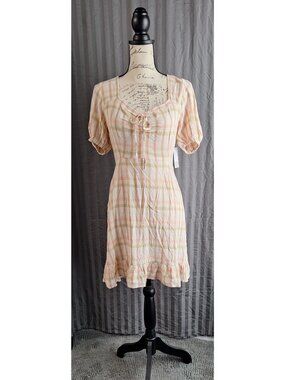 BP Sweetheart Neck Puff Sleeves Pink & Beige Plaid Dress Size S